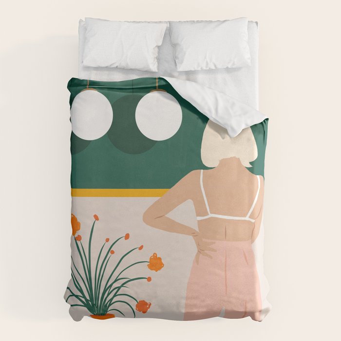 Texting, Millennial Woman Young Bohemian High Fashion Love Pastel Home Decor Blush Duvet Cover Gallery Image 6