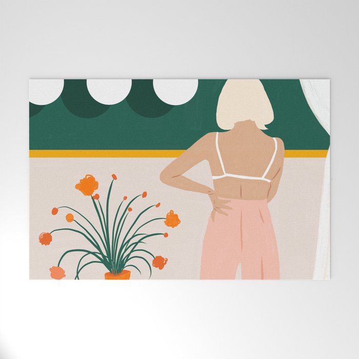 Texting, Millennial Woman Young Bohemian High Fashion Love Pastel Home Decor Blush Welcome Mat Gallery Image 1