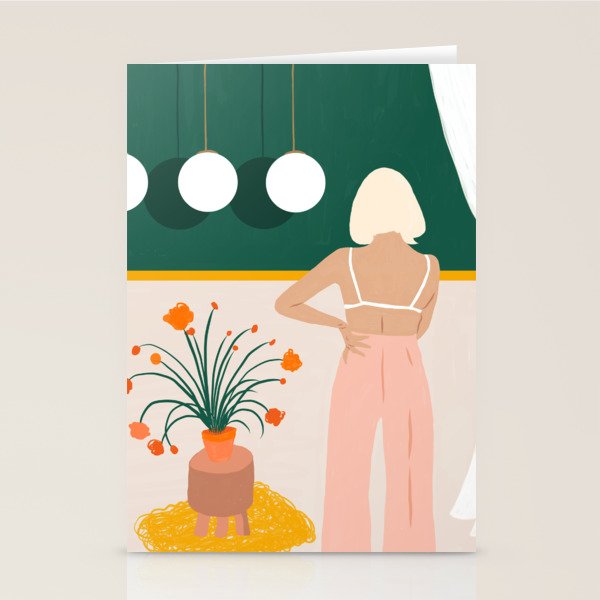 Texting, Millennial Woman Young Bohemian High Fashion Love Pastel Home Decor Blush Stationery Card Gallery Image 1
