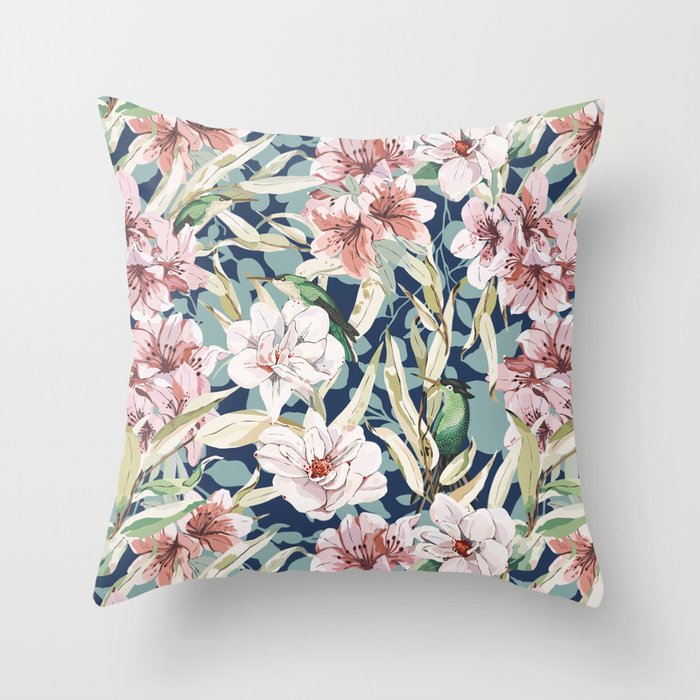 Birds in lush night garden flowers Throw Pillow Gallery Image 1