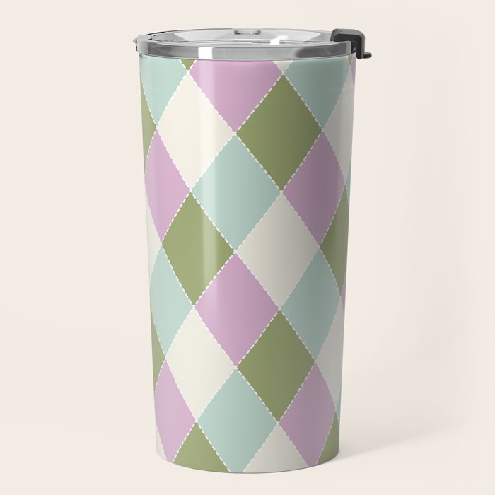 Retro Harlequin Plaid - Lavender, Green, Blue Travel Mug Gallery Image 2