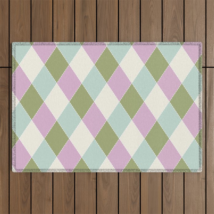 Retro Harlequin Plaid - Lavender, Green, Blue Outdoor Rug Gallery Image 1