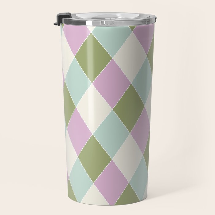 Retro Harlequin Plaid - Lavender, Green, Blue Travel Mug Gallery Image 3