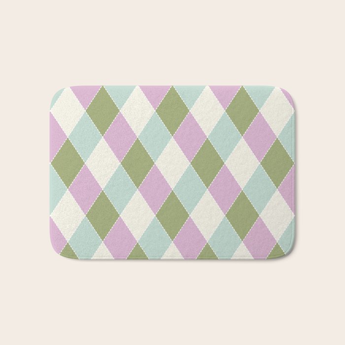 Retro Harlequin Plaid - Lavender, Green, Blue Bath Mat Gallery Image 1