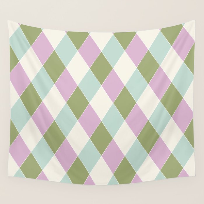 Retro Harlequin Plaid - Lavender, Green, Blue Wall Tapestry Gallery Image 4