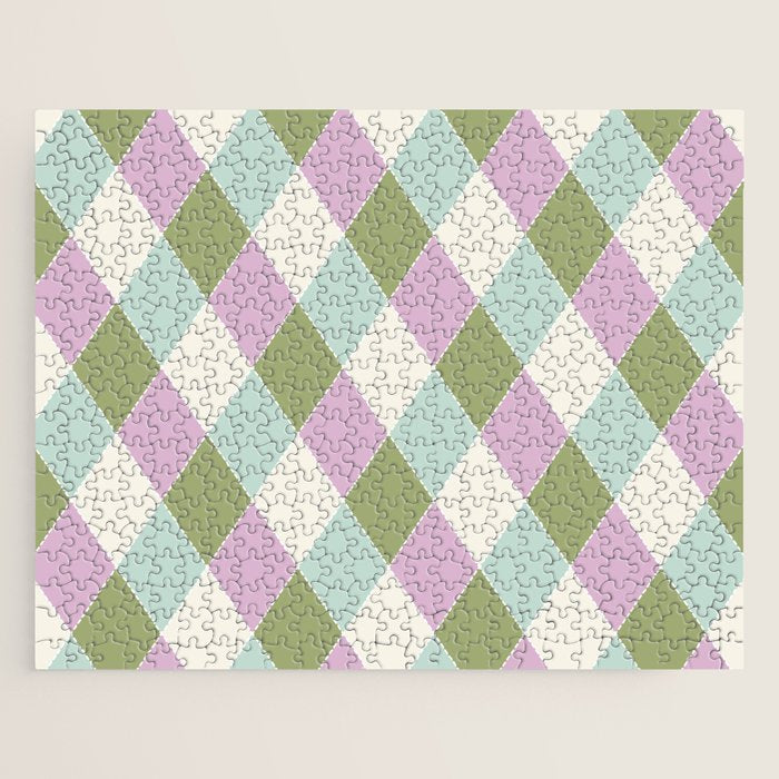 Retro Harlequin Plaid - Lavender, Green, Blue Jigsaw Puzzle Gallery Image 1