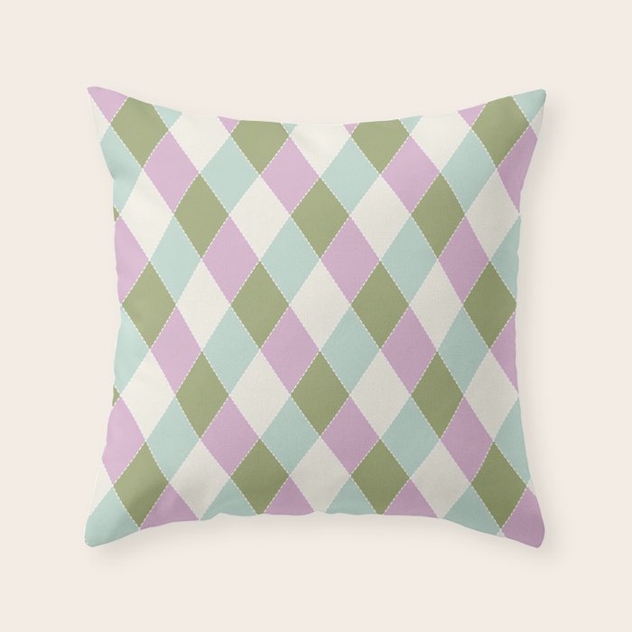 Retro Harlequin Plaid - Lavender, Green, Blue Throw Pillow Gallery Image 6