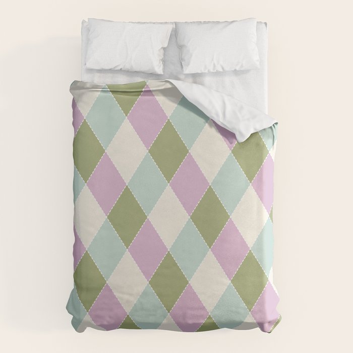 Retro Harlequin Plaid - Lavender, Green, Blue Duvet Cover Gallery Image 1