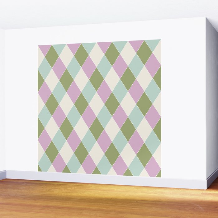 Retro Harlequin Plaid - Lavender, Green, Blue Wall Mural Gallery Image 2
