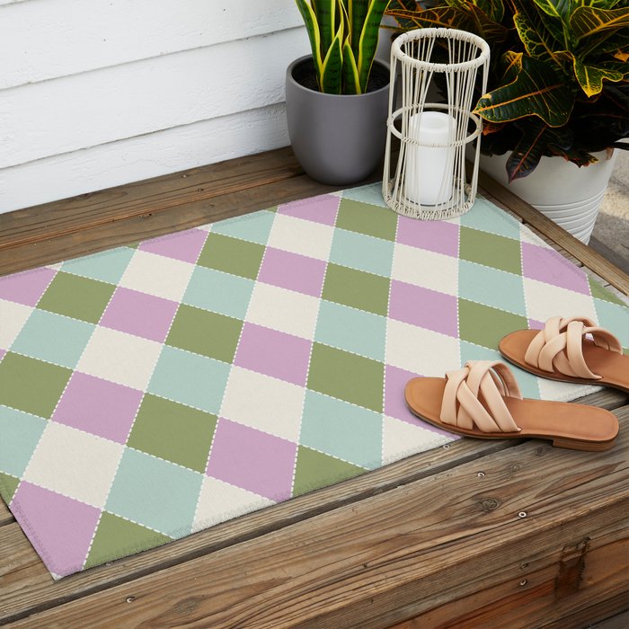 Retro Harlequin Plaid - Lavender, Green, Blue Outdoor Rug Gallery Image 2