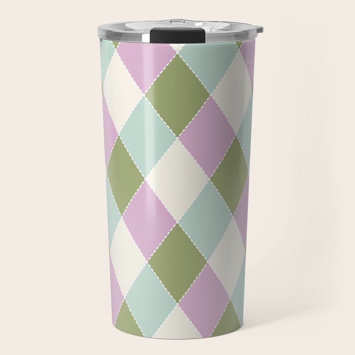 Retro Harlequin Plaid - Lavender, Green, Blue Travel Mug Gallery Image 1