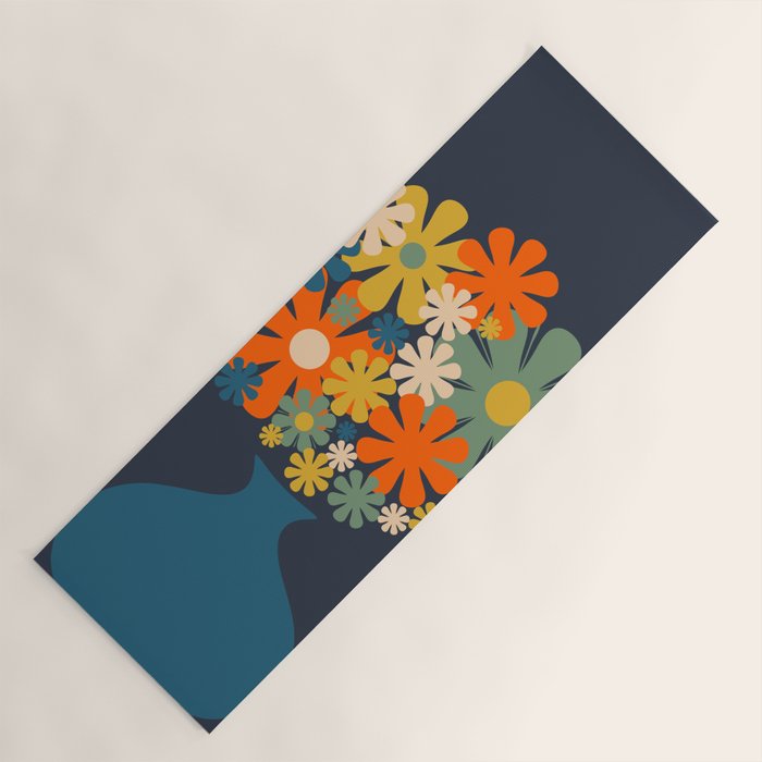 Les Fleurs Cheerful Retro Flowers in Vase Blue Yoga Mat Gallery Image 1