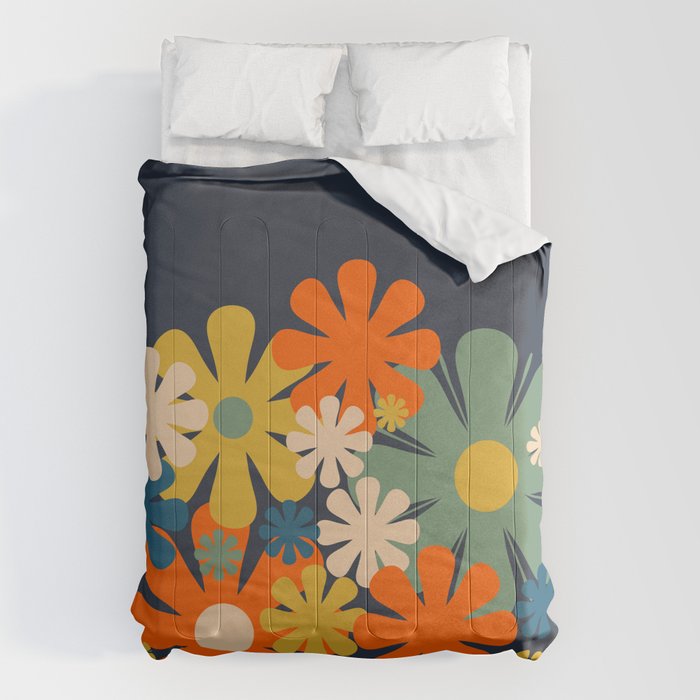 Les Fleurs Cheerful Retro Flowers in Vase Blue Comforter Gallery Image 1