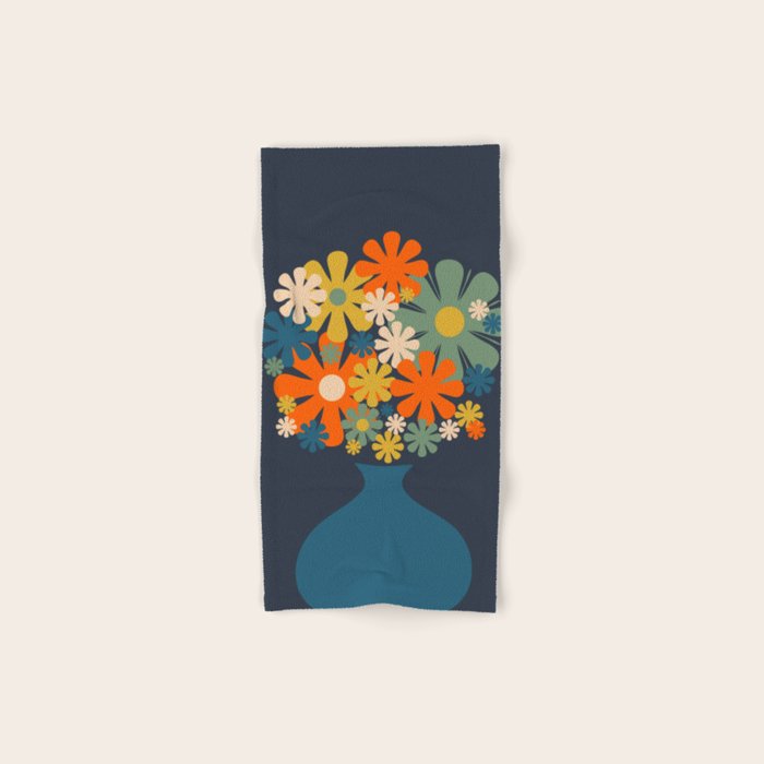 Les Fleurs Cheerful Retro Flowers in Vase Blue Bath Towel Gallery Image 1