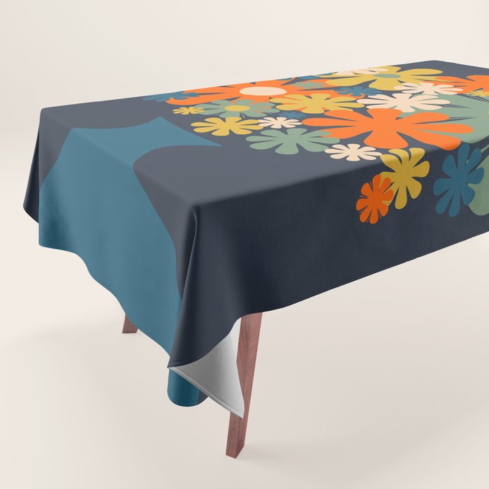 Les Fleurs Cheerful Retro Flowers in Vase Blue Tablecloth Gallery Image 1