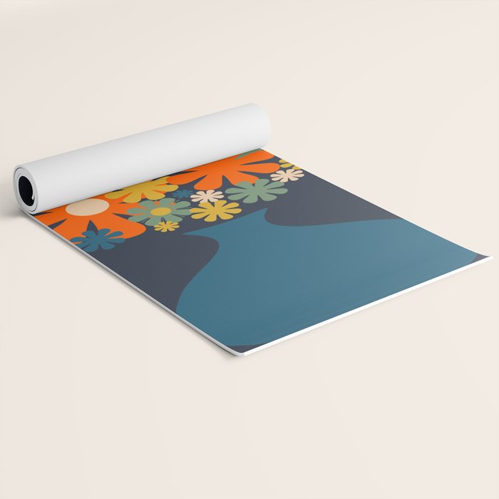 Les Fleurs Cheerful Retro Flowers in Vase Blue Yoga Mat Gallery Image 2