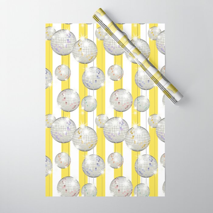 Striped Party Disco Ball Yellow Wrapping Paper Gallery Image 1