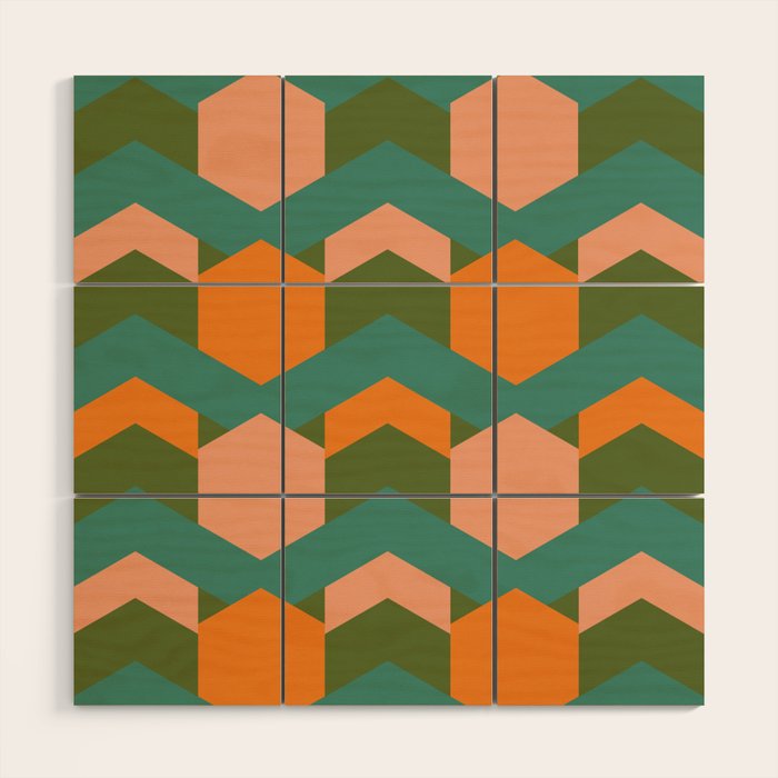 California Retro Deco Pattern in Peach Orange Green Teal Wood Wall Art Gallery Image 1