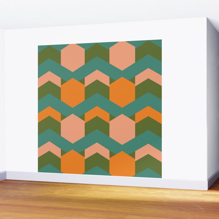 California Retro Deco Pattern in Peach Orange Green Teal Wall Mural Gallery Image 2
