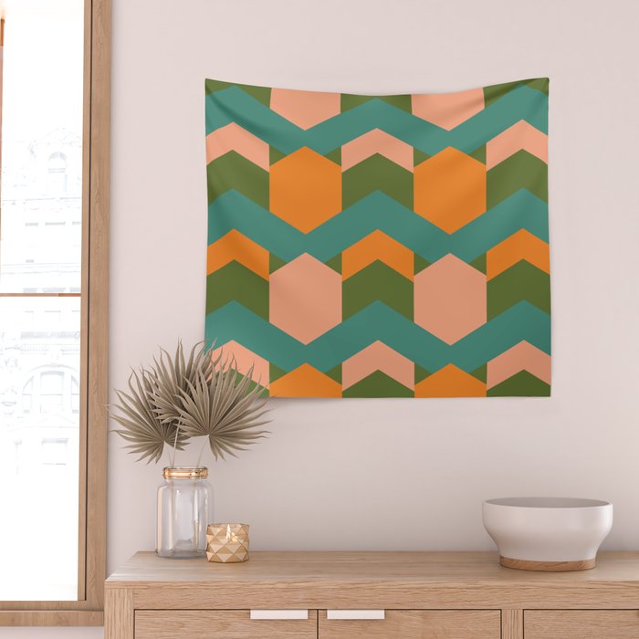 California Retro Deco Pattern in Peach Orange Green Teal Wall Tapestry Gallery Image 2