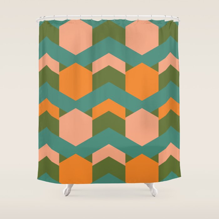 California Retro Deco Pattern in Peach Orange Green Teal Shower Curtain Gallery Image 1
