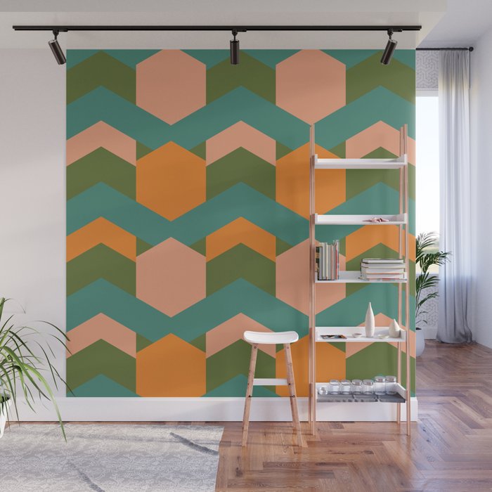 California Retro Deco Pattern in Peach Orange Green Teal Wall Mural Gallery Image 1