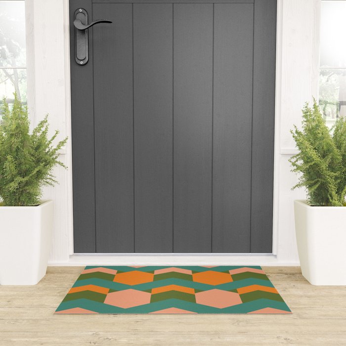 California Retro Deco Pattern in Peach Orange Green Teal Welcome Mat Gallery Image 3