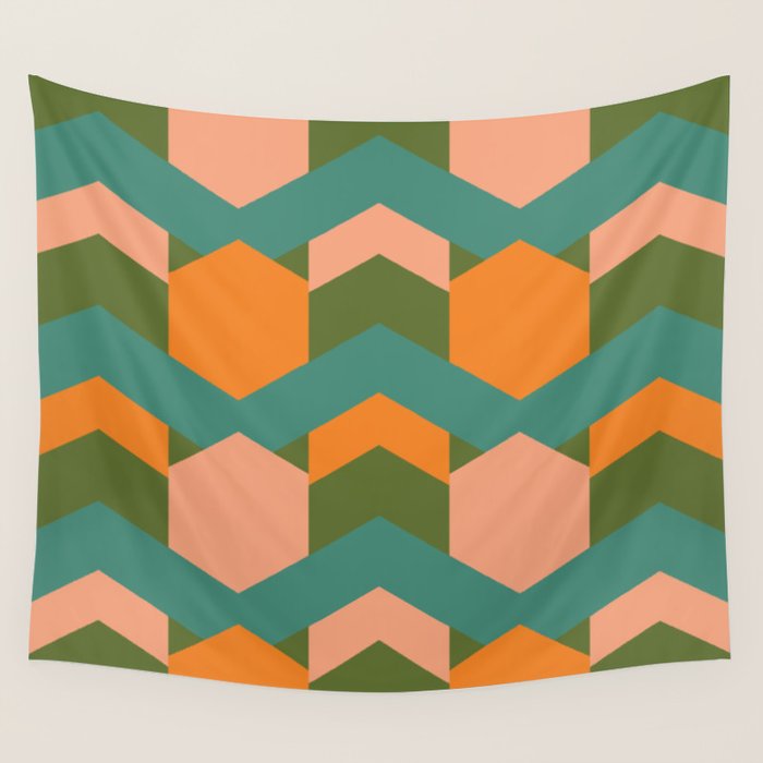 California Retro Deco Pattern in Peach Orange Green Teal Wall Tapestry Gallery Image 4
