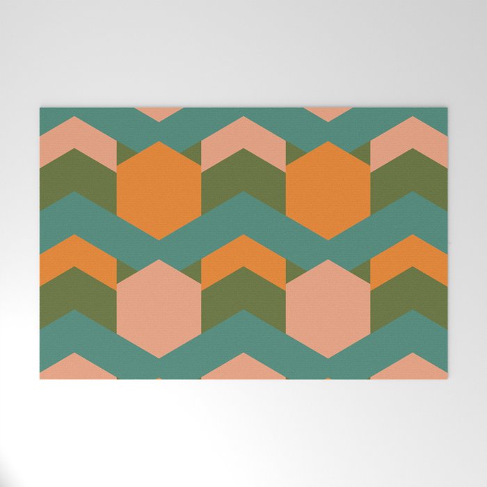 California Retro Deco Pattern in Peach Orange Green Teal Welcome Mat Gallery Image 1