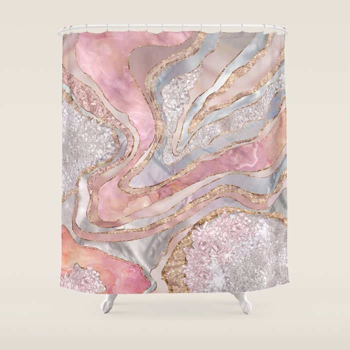 Rose Marble, Pearl and crystals geode Digital art Shower Curtain Gallery Image 1