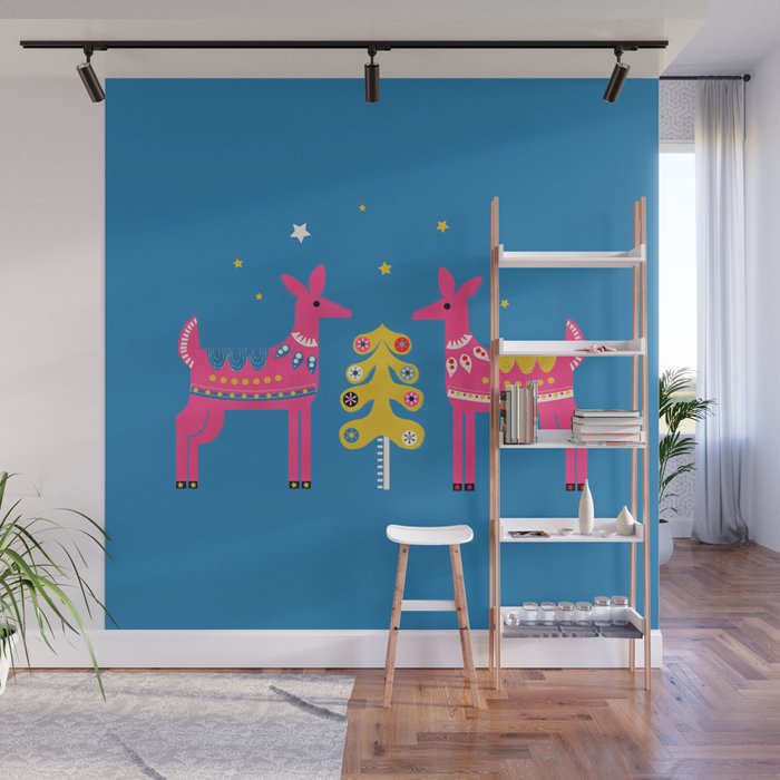 Festive Deers In Hot Pink Wall Mural Gallery Image 1