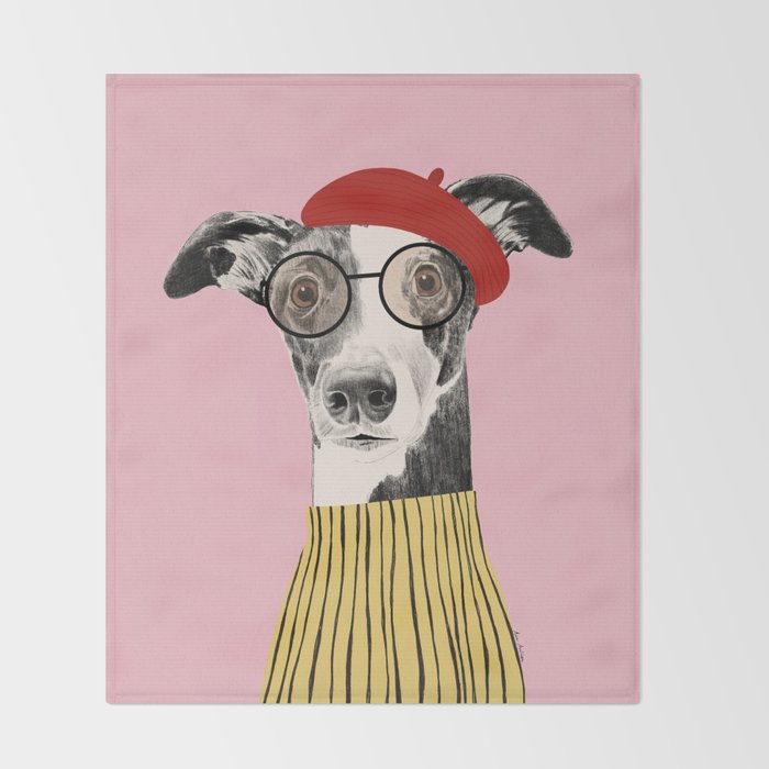 French style greyhound dog portrait Throw Blanket Gallery Image 2