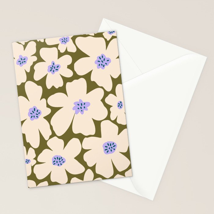 Retro Daisy - cream, purple and dark olive  Stationery Card Gallery Image 2