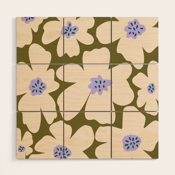 Retro Daisy - cream, purple and dark olive  Wood Wall Art Gallery Image 1