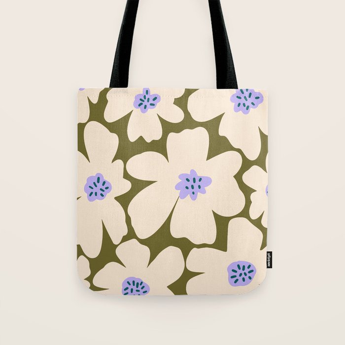 Retro Daisy - cream, purple and dark olive  Tote Bag Gallery Image 1