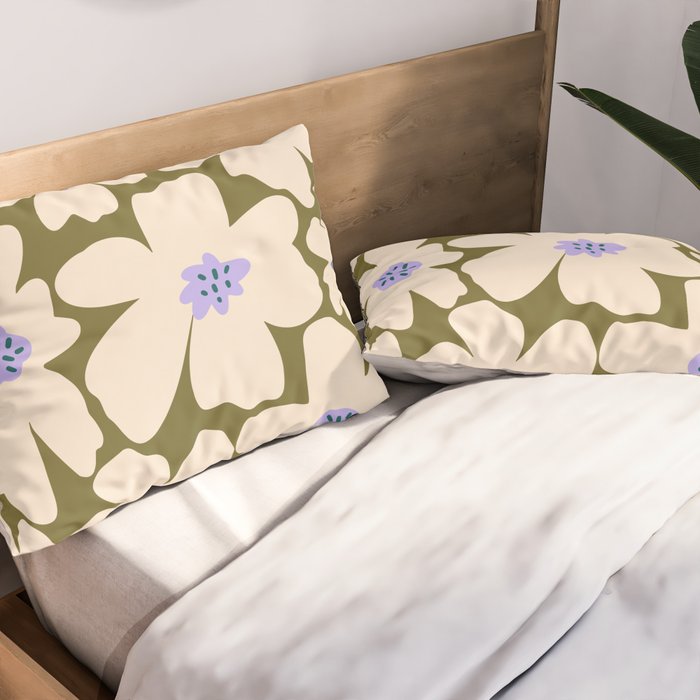 Retro Daisy - cream, purple and dark olive  Pillow Sham Gallery Image 2