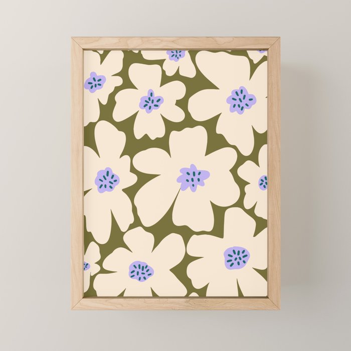 Retro Daisy - cream, purple and dark olive  Mini Art Print Gallery Image 1