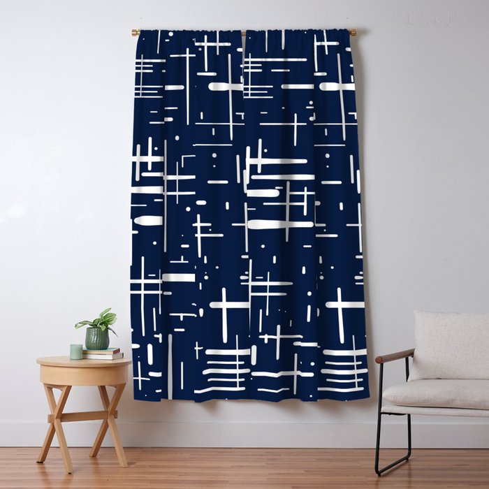 Mid-Century Modern Kinetikos Pattern in Nautical Navy Blue and White Window Curtain Gallery Image 1