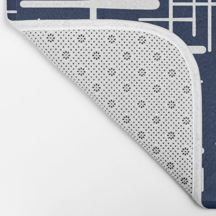 Mid-Century Modern Kinetikos Pattern in Nautical Navy Blue and White Bath Mat Gallery Image 2