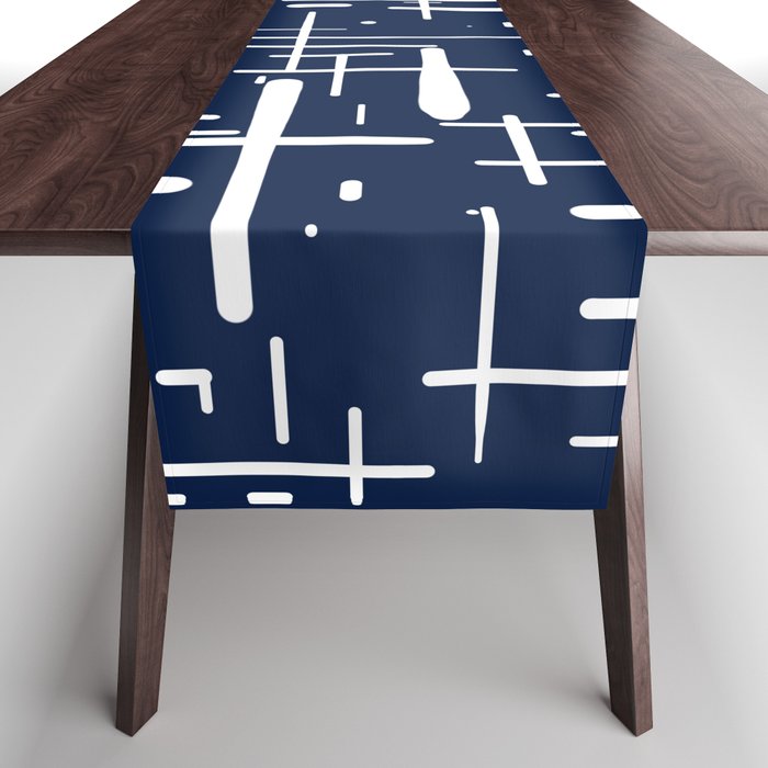 Mid-Century Modern Kinetikos Pattern in Nautical Navy Blue and White Table Runner Gallery Image 1