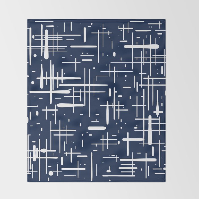 Mid-Century Modern Kinetikos Pattern in Nautical Navy Blue and White Throw Blanket Gallery Image 2