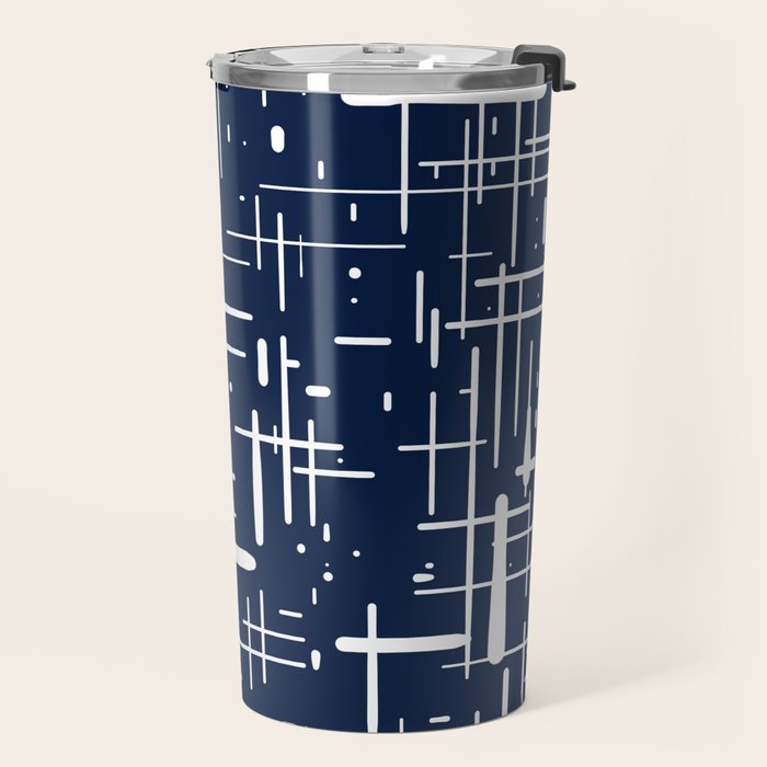 Mid-Century Modern Kinetikos Pattern in Nautical Navy Blue and White Travel Mug Gallery Image 2