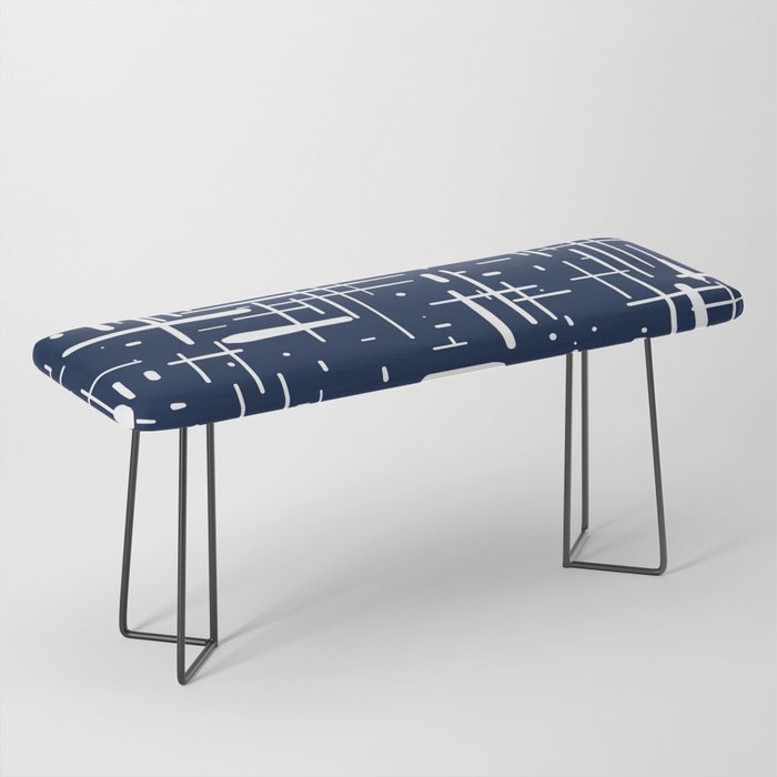Mid-Century Modern Kinetikos Pattern in Nautical Navy Blue and White Bench Gallery Image 1