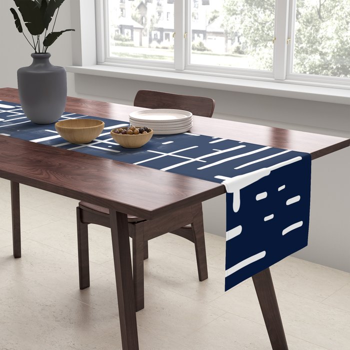 Mid-Century Modern Kinetikos Pattern in Nautical Navy Blue and White Table Runner Gallery Image 2