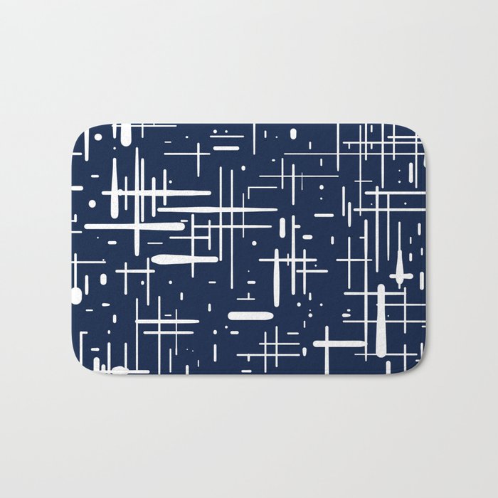 Mid-Century Modern Kinetikos Pattern in Nautical Navy Blue and White Bath Mat Gallery Image 1