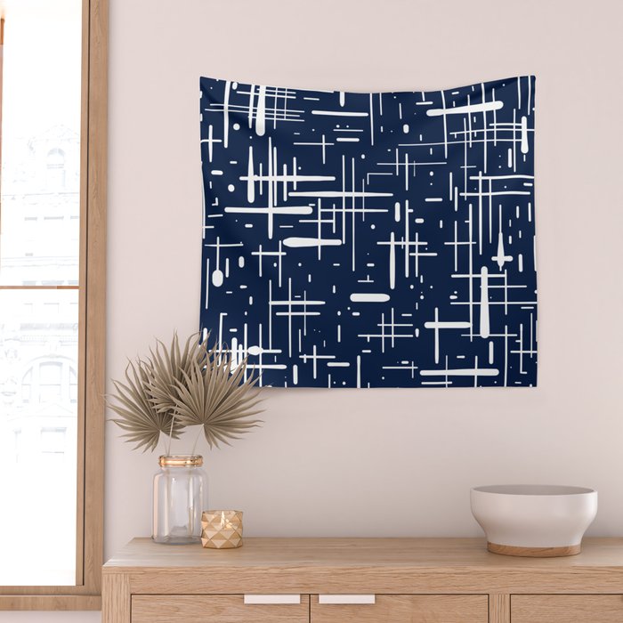 Mid-Century Modern Kinetikos Pattern in Nautical Navy Blue and White Wall Tapestry Gallery Image 2