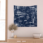 Mid-Century Modern Kinetikos Pattern in Nautical Navy Blue and White Wall Tapestry Gallery Image 2