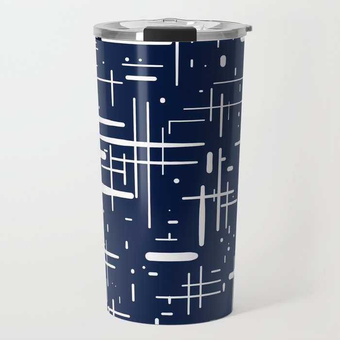 Mid-Century Modern Kinetikos Pattern in Nautical Navy Blue and White Travel Mug Gallery Image 1