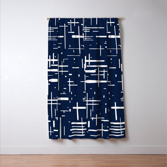 Mid-Century Modern Kinetikos Pattern in Nautical Navy Blue and White Window Curtain Gallery Image 3