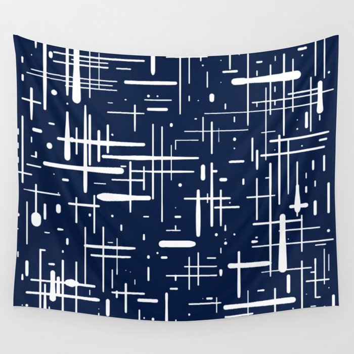Mid-Century Modern Kinetikos Pattern in Nautical Navy Blue and White Wall Tapestry Gallery Image 1
